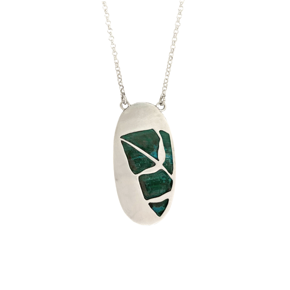 Oval Azurite Malachite Pendant with a Leaf on the Back