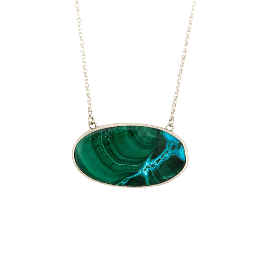 Oval Azurite Malachite Pendant with Leaves on the Back