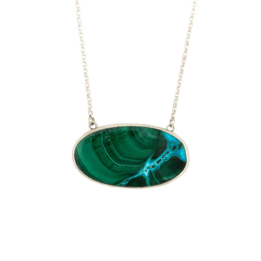 Oval Azurite Malachite Pendant with Leaves on the Back