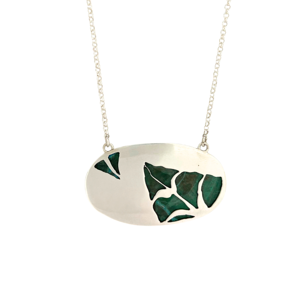 Oval Azurite Malachite Pendant with Leaves on the Back