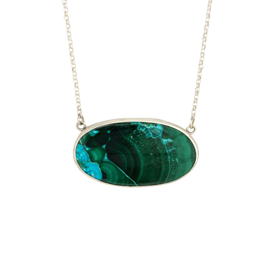 Oval Azurite Malachite Pendant with Leaves on the Back