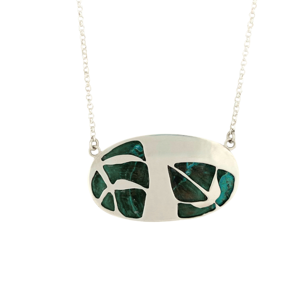 Oval Azurite Malachite Pendant with Leaves on the Back