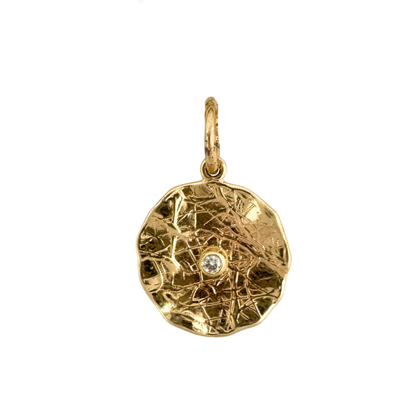 14k Gold Diamond Texutred Circle Charm