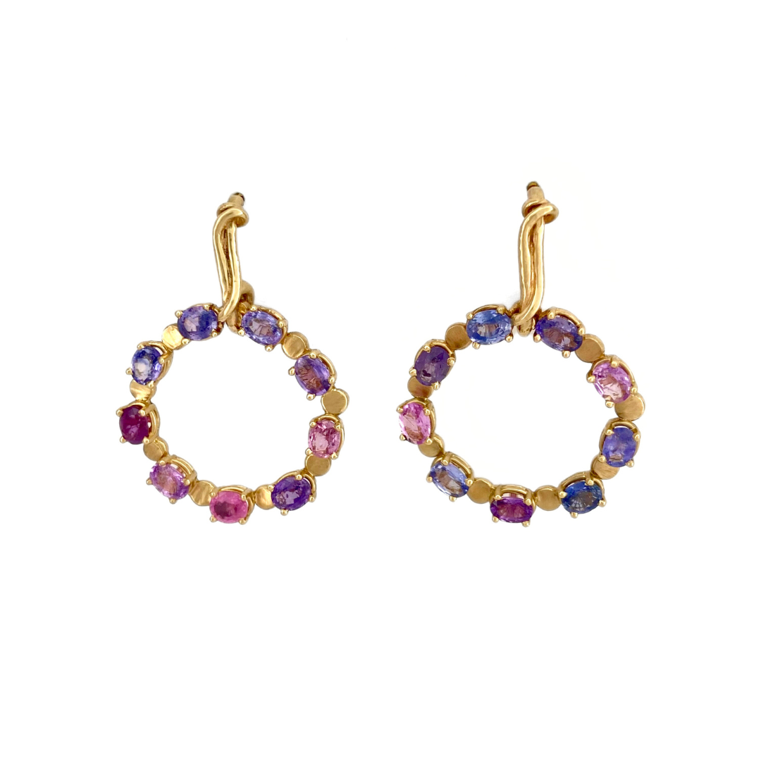 14k Oval Yellow Gold Post Earrings with Ring of 9 Pink and Purple Sapphires
