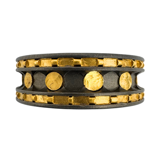Titanium band, chnnelled with (24) flats, (12) 24K gold coin rivets, and (2) face inlays