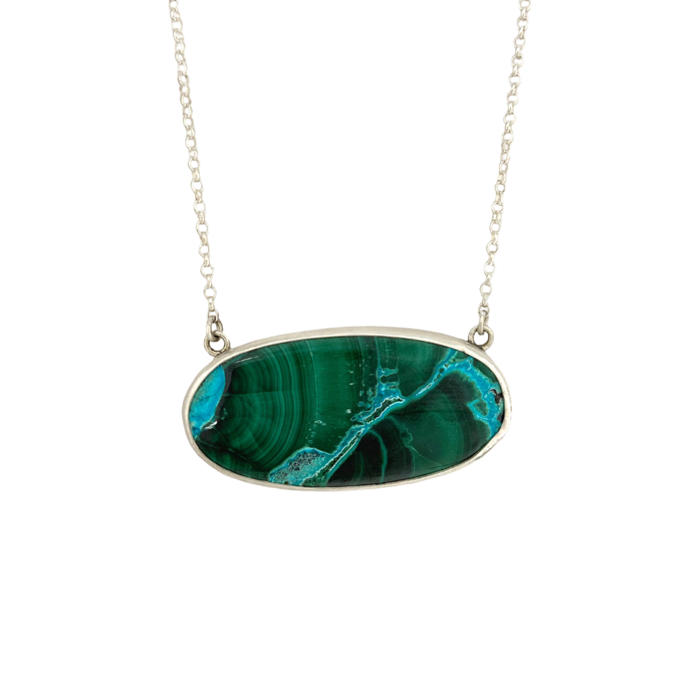 Oval Azurite Malachite Pendant with a Leaf on the Back