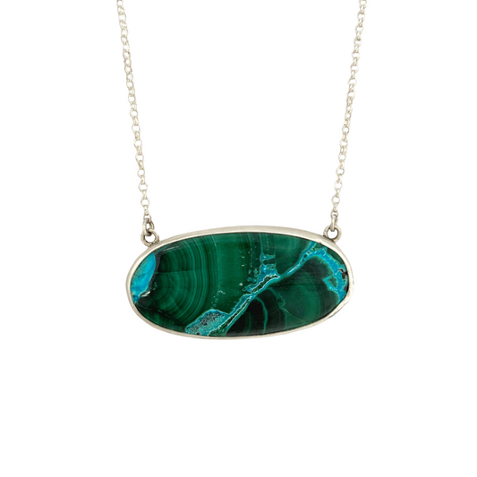 Oval Azurite Malachite Pendant with a Leaf on the Back