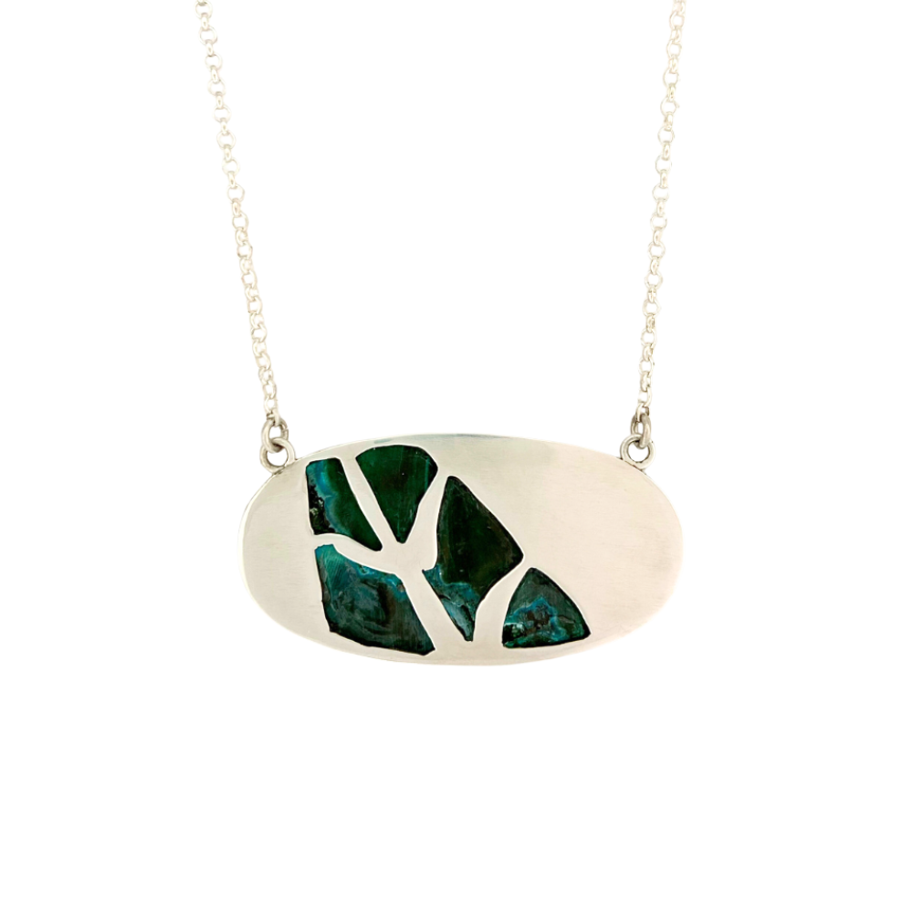 Oval Azurite Malachite Pendant with a Leaf on the Back