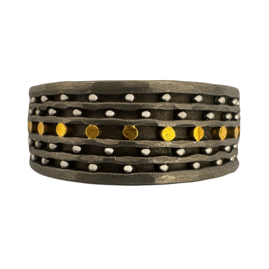 Titanium band with stainless steel balls and 24K gold rivets