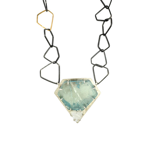 Aquamarine Crystal Slice and Rainbow Moonstone Necklace