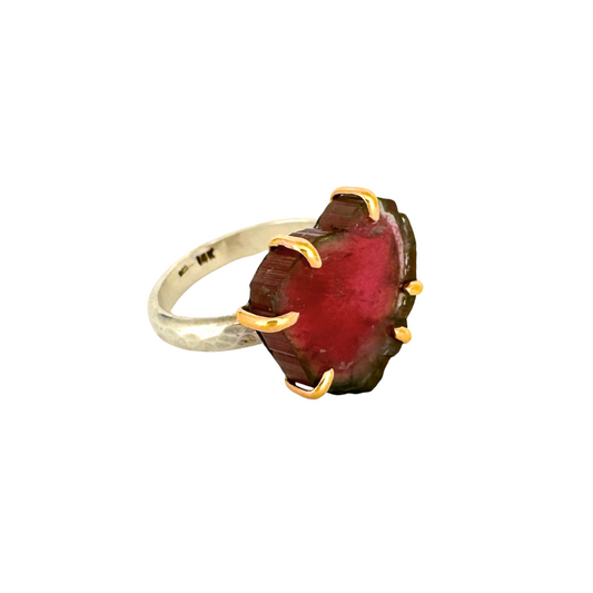Watermelon Tourmaline Crystal Slice Ring