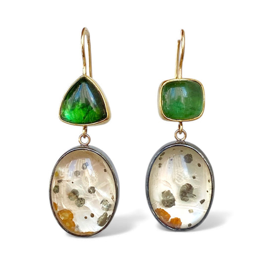 Emerald Green Tourmaline and Marcasite in Quartz Earrings with Antique Mother of Pearl Chinese Gaming Token