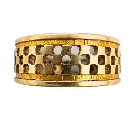 14K yellow gold pierced band with (2)channels of 24K gold inlay with punch work