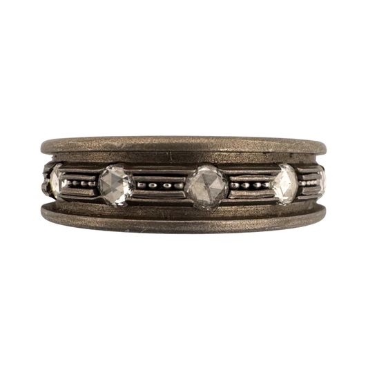 Titanium band with (12) 2.7mm rose-cut diamonds and .5mm stainless balls between the stones