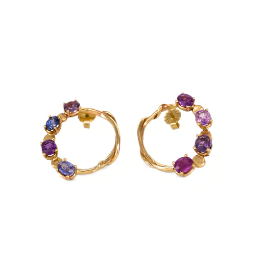 14k Oval Yellow Gold Post Earrings with Half Ring of 4 Pink and Purple Sapphires