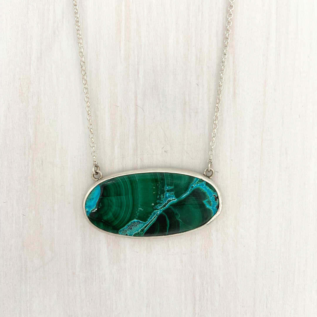 Oval Azurite Malachite Pendant with a Leaf on the Back