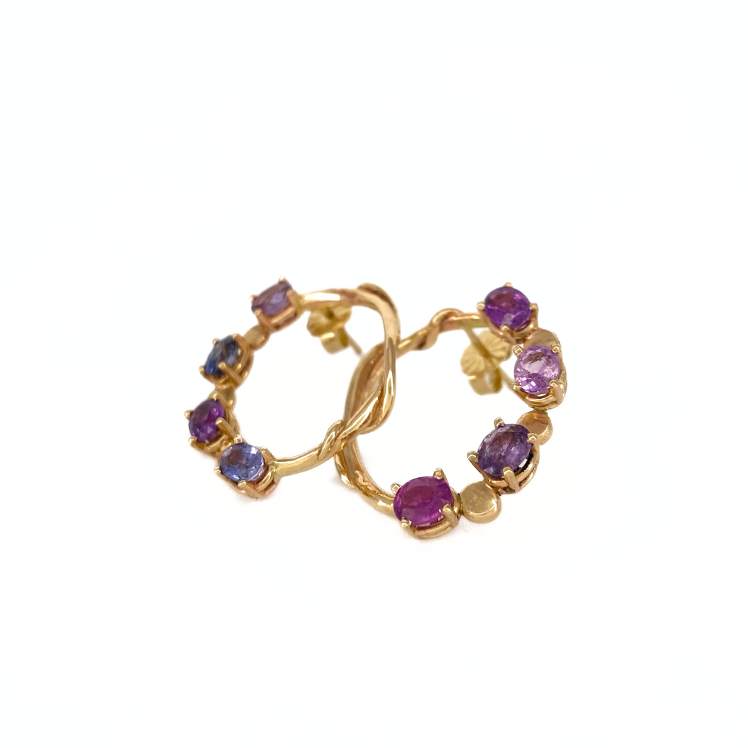 14k Oval Yellow Gold Post Earrings with Half Ring of 4 Pink and Purple Sapphires