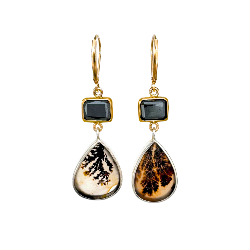 Hematite and Dendritic Quartz Leverback Earrings