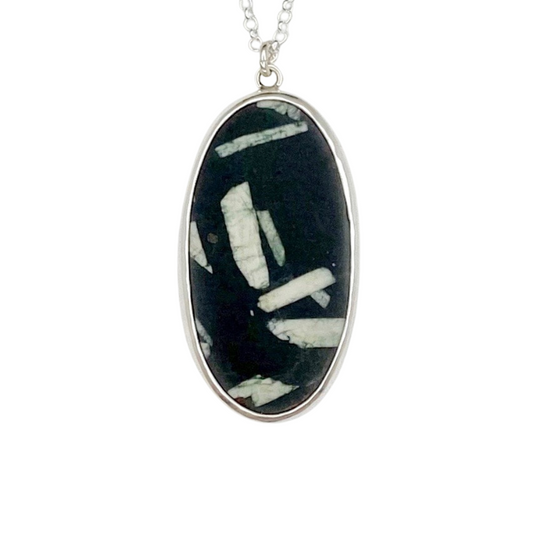 Oval Chinese Writing Stone Pendant with Bamboo