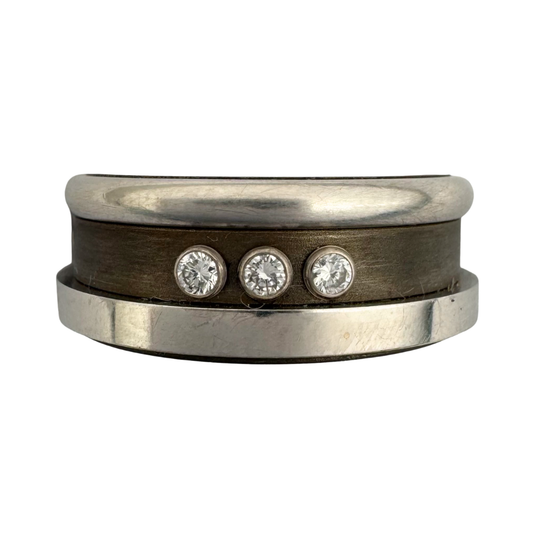 Titanium liner band with (2) 14K white gold bands, set with (9) 2mm diamonds tube-set in 14K white gold
