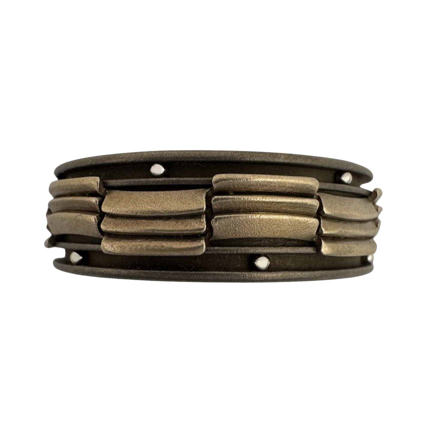 Titanium and 14K white gold center band with segmented channels that are laid alternately, with stainless balls