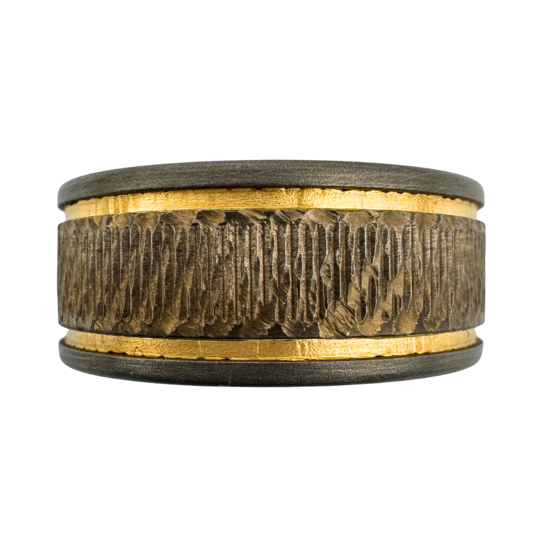 Titanium band with (2)channels of 24K gold inlay and textured center band