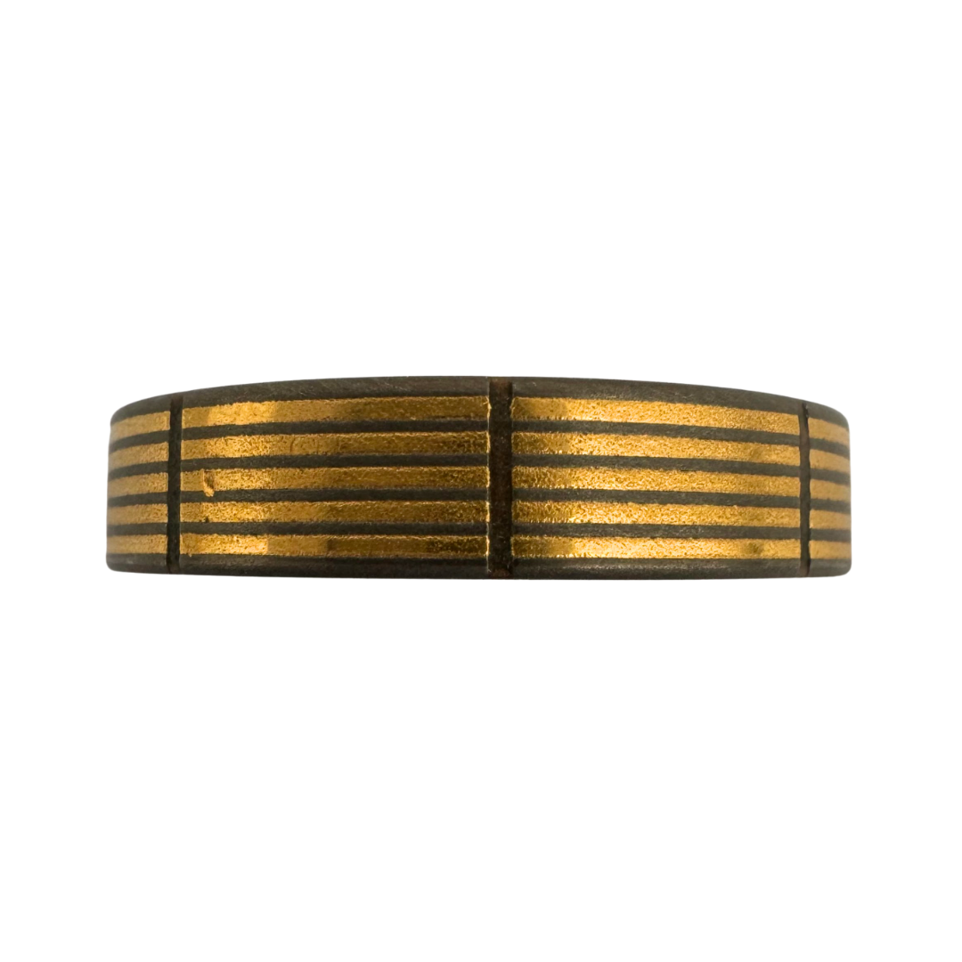 Titanium (5)channel pin striped band inlaid with 24K gold and with copper cross inlays