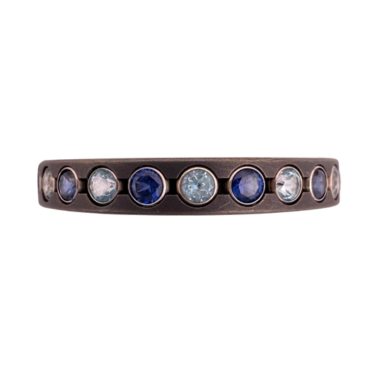 Titanium band with (12)2mm sapphire and (12)2mm topaz in 18K gold tube sets