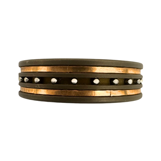Titanium (3)channel ring with outer channels inlaid with 14K rose gold and the center channel with stainless steel balls