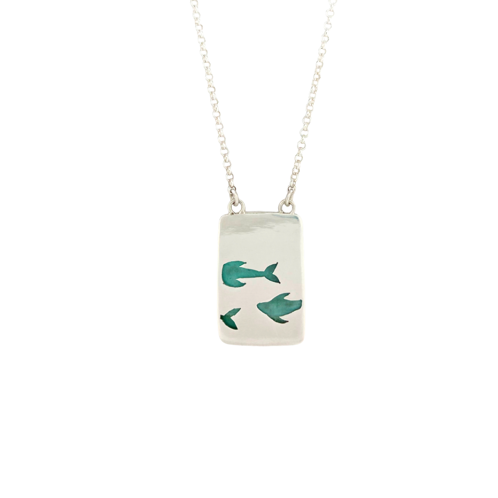 Rectangle Opalized Wood Pendant with Fish on the back