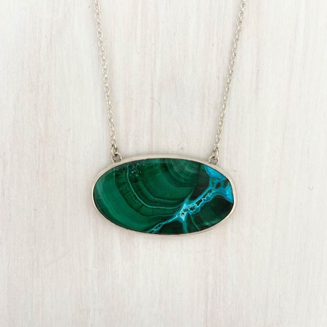 Oval Azurite Malachite Pendant with Leaves on the Back