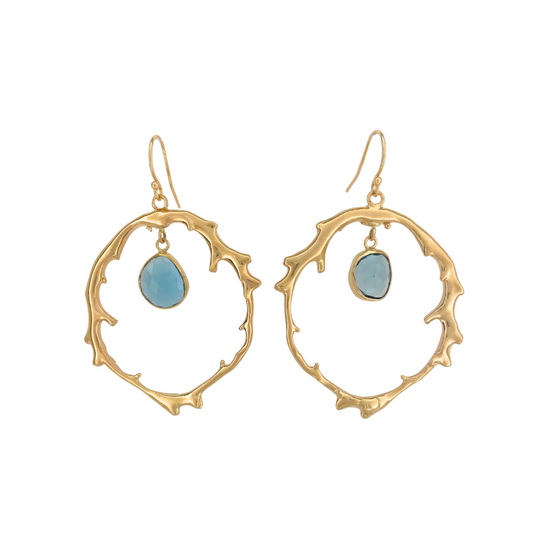 14k Gold Coral Wreath Earring with London Blue Topaz