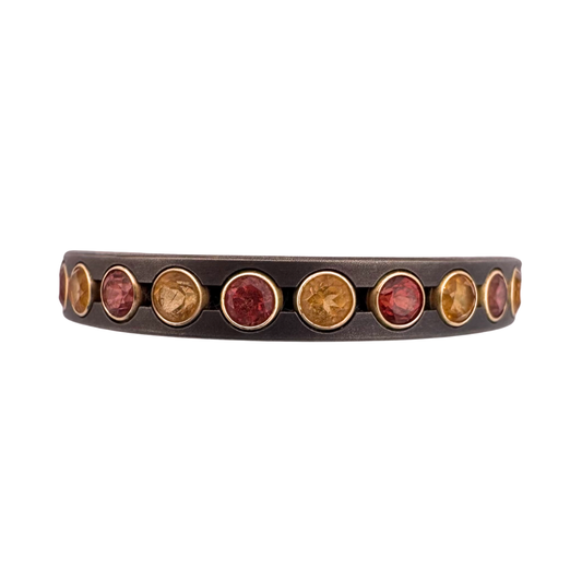 Titanium band with (12)2mm Mozambique garnet and (12)2mm citrine tube set in yellow gold