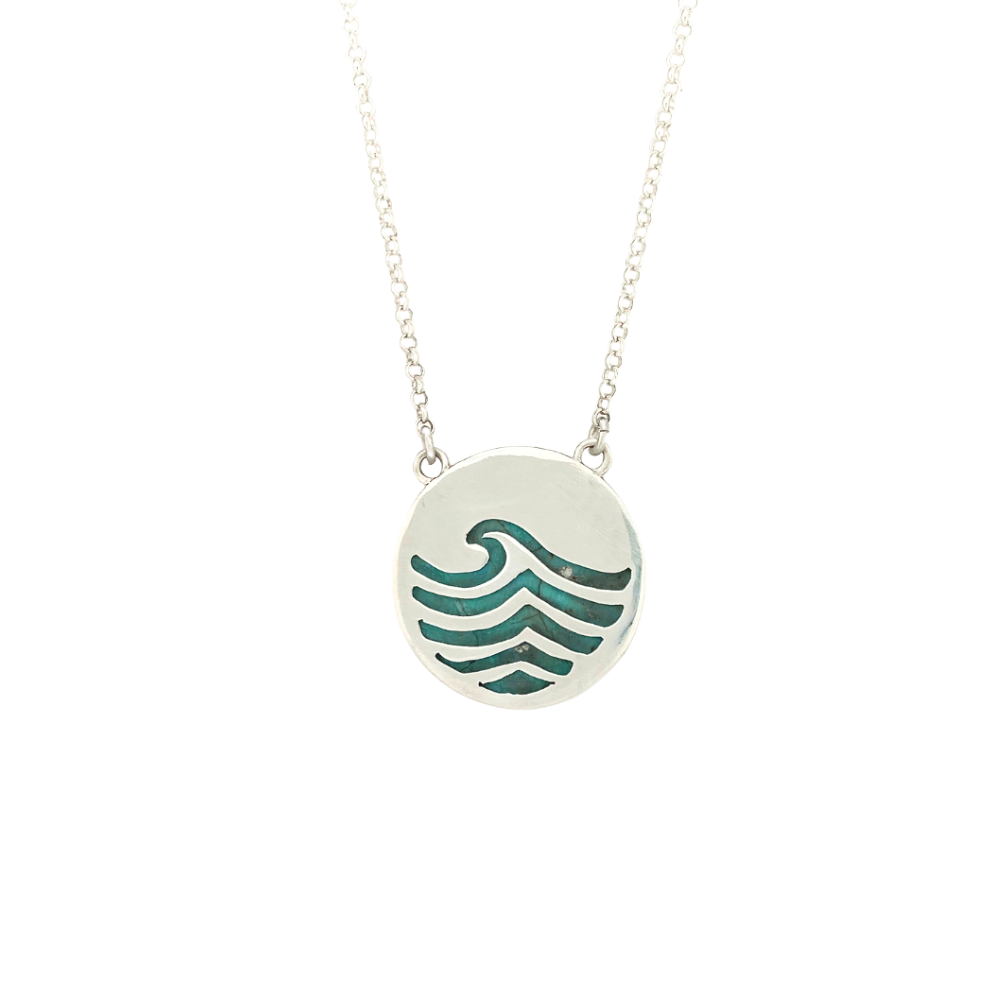 Round Opalized Wood Pendant with a Wave on the back