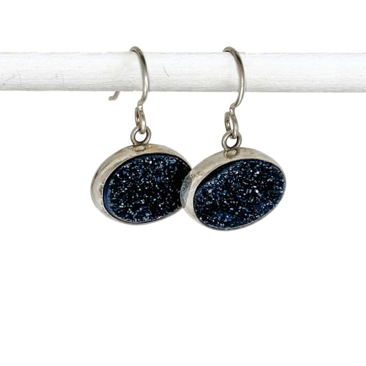 Black Oval Druzy Dangle Earrings