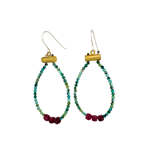 Turquoise and Garnet Brass Earrings
