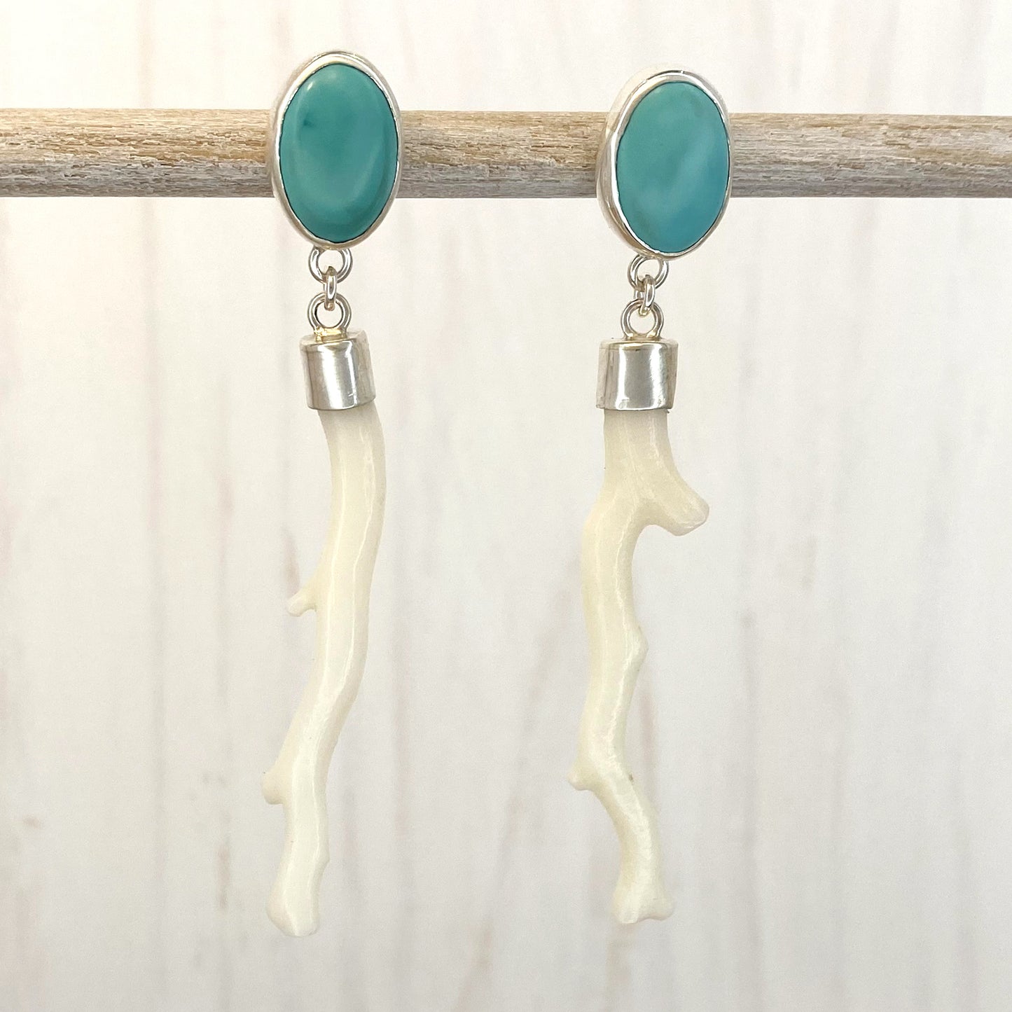 Oval Turquoise and White Coral Earrings