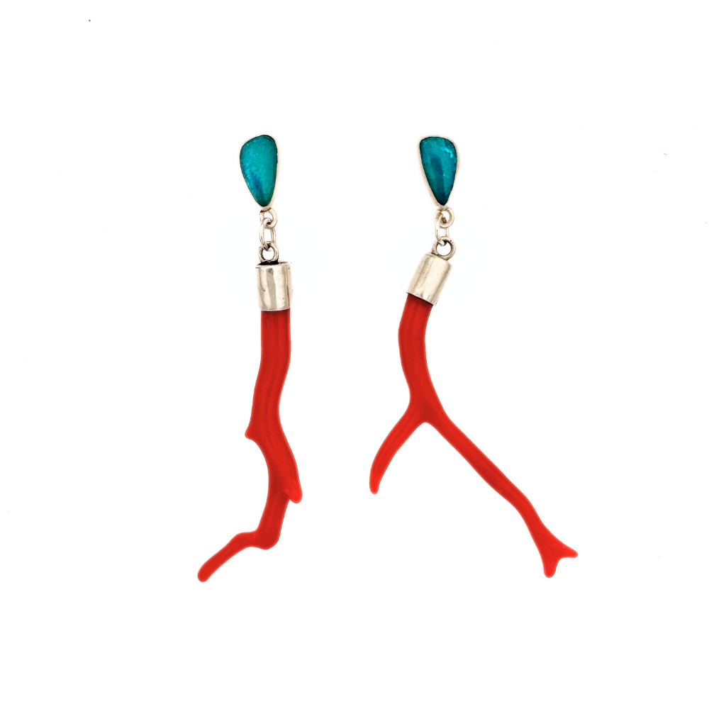 Red Coral and Gem Silica Earrings