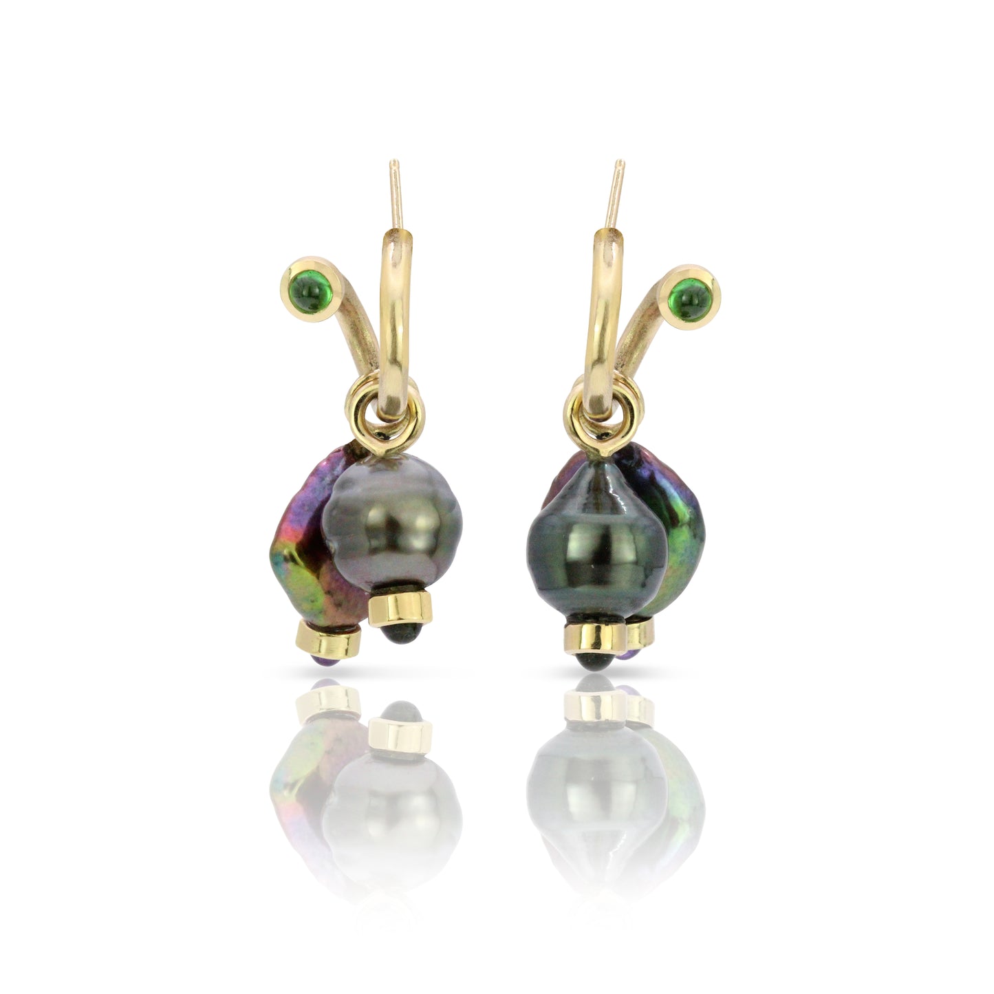 Tsavorite Peek-A-Boo Hoops with Tahitian Pearl and Gemstone Charms