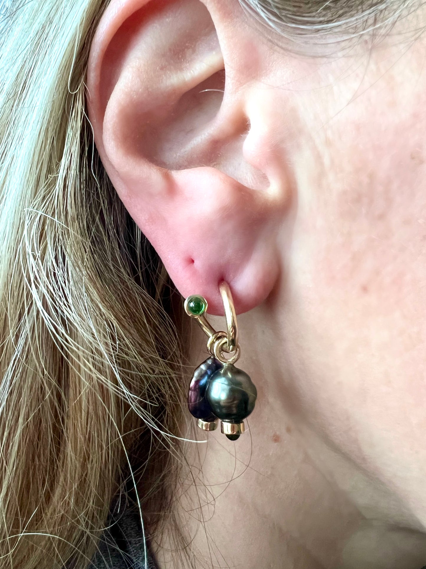 Tsavorite Peek-A-Boo Hoops with Tahitian Pearl and Gemstone Charms