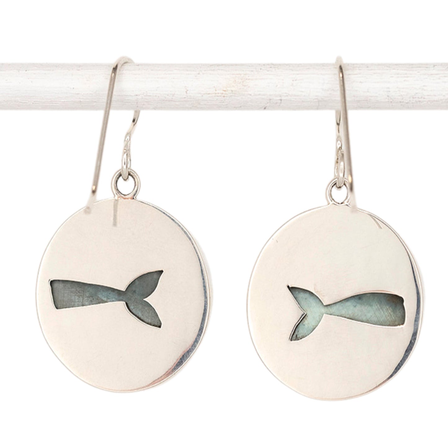 Round Opalized Wood Dangle Earrings with Fish