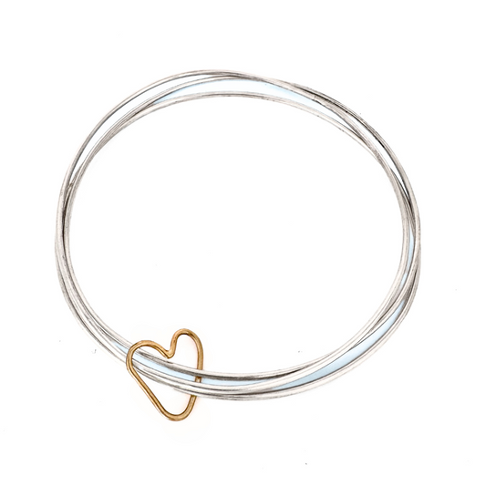 14k Gold Connected Hearts Triple Silver Bangle