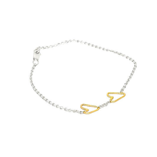 14k Gold Connected Hearts Bracelet with Silver Chain
