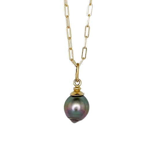 14k Gold Tahitian Pearl Necklace, 18" chain