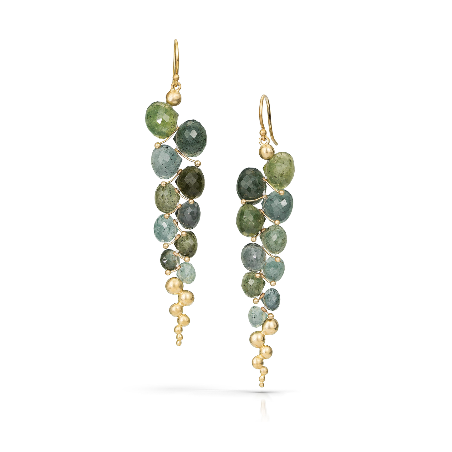 Large Caviar Earrings in 14k Yellow Gold and Moss Aquamarines