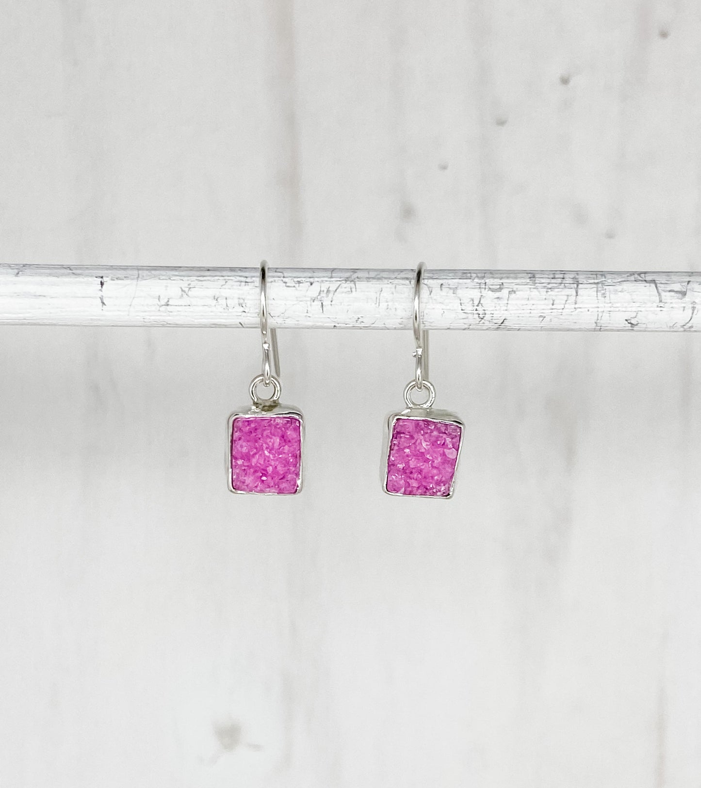 Pink Rectangular Druzy Dangle Earrings