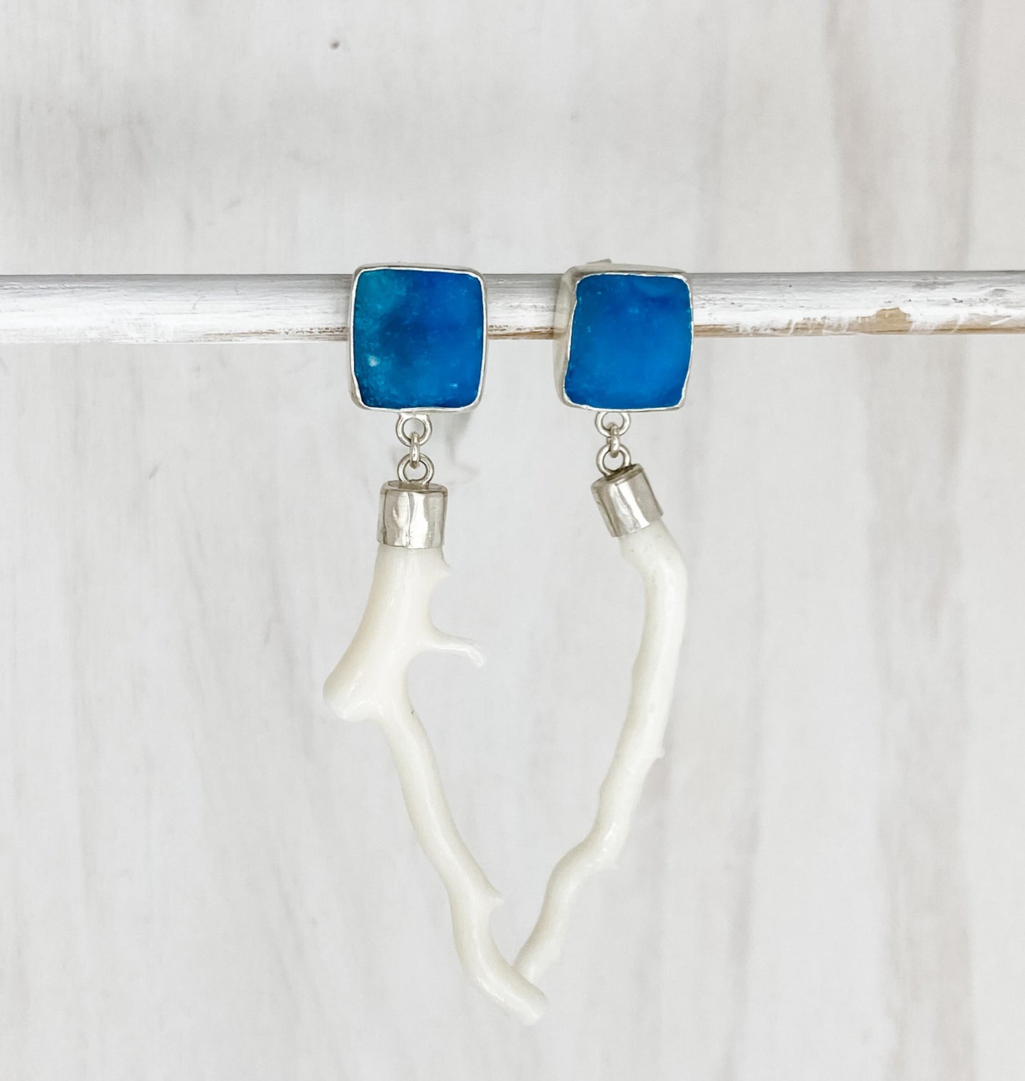 Blue Druzy and White Coral Earrings