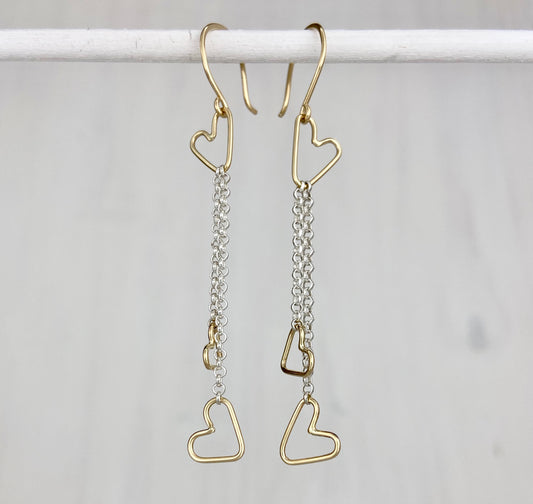 14k Gold Connected Hearts Earrings with Silver Chain