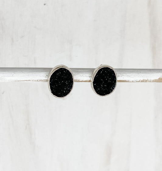 Black Oval Druzy Post Earrings