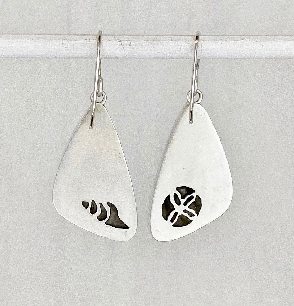 Triangular Opalized Wood Dangle Earrings with Sand Dollar & Shell